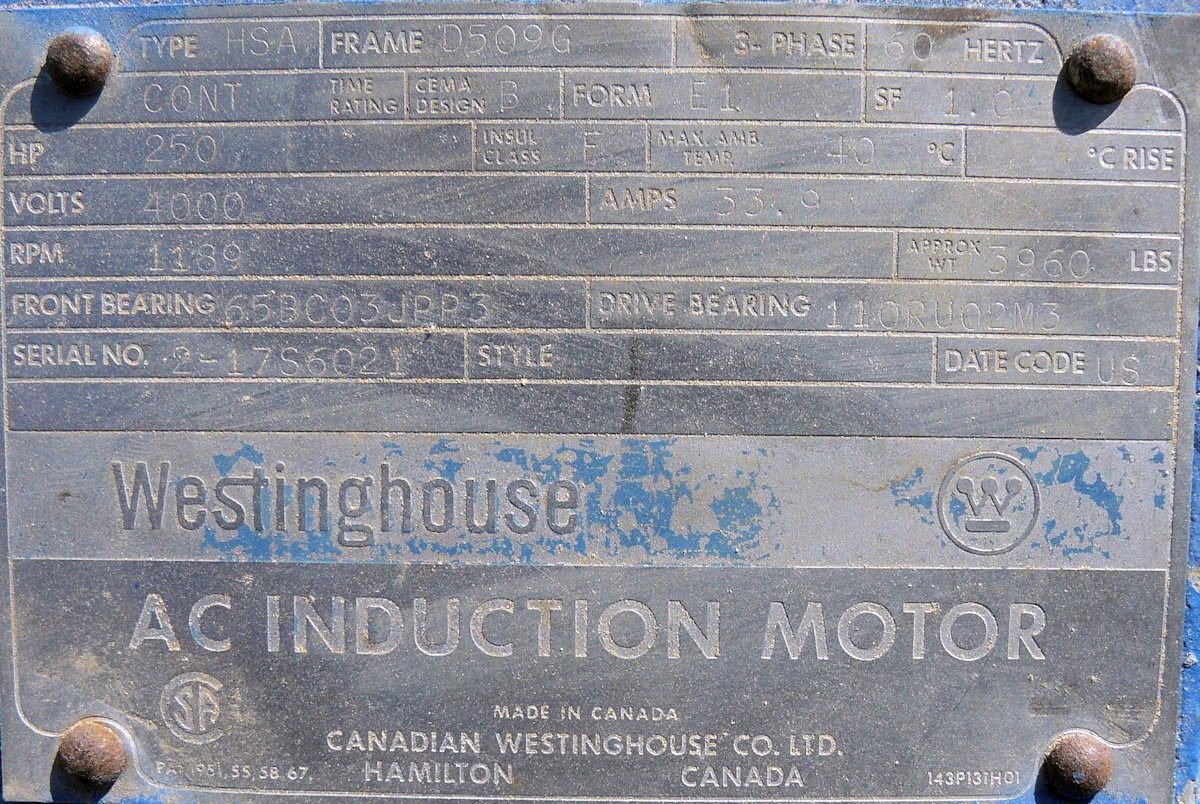 Westinghouse 250 Hp Ac Induction Motor, 1189 Rpm)